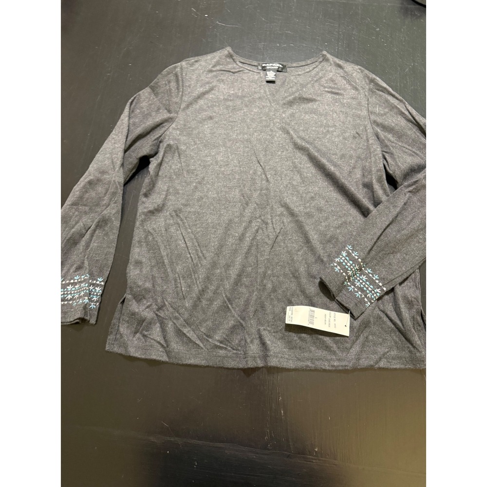 Rafael Sport Womens Gray Embroidered Cuff Long Sleeve Top NWT L